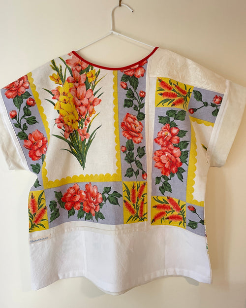 Traditional embroidered garment with floral patterns on a plain background