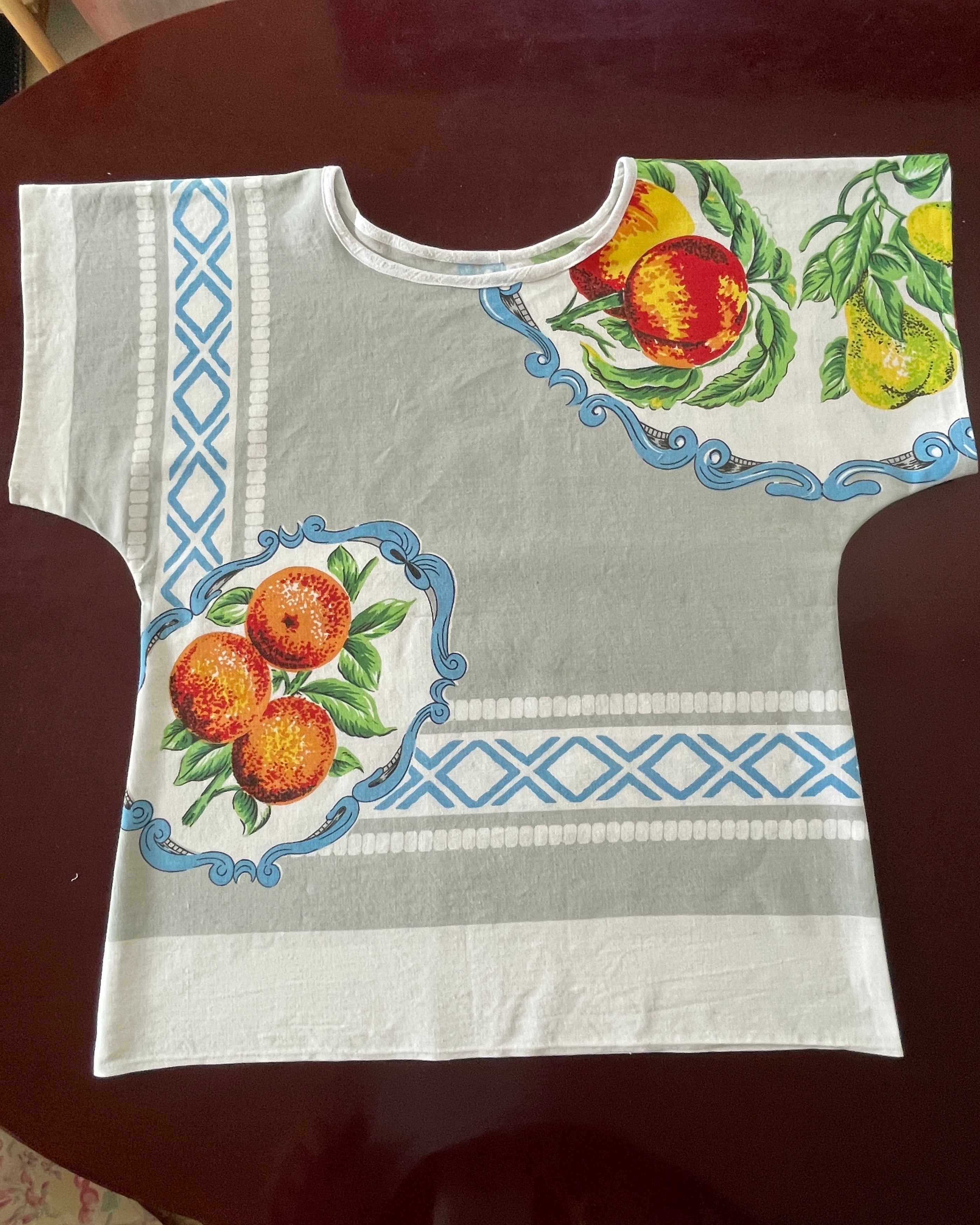 Upcycled Tablecloth Boxy Top | Asymmetric fruit pattern | Sustainable