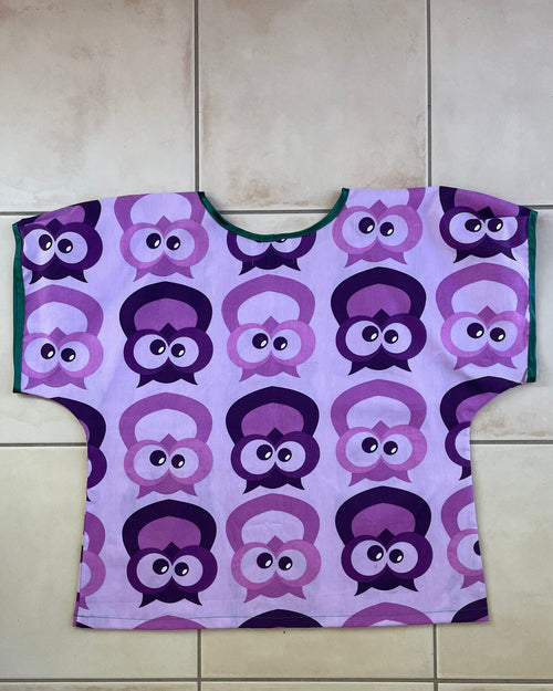 Purple boxy top with owl pattern 