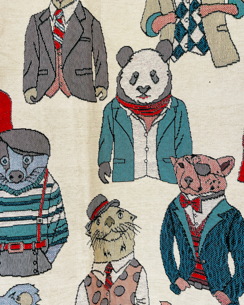 Illustrations of animals in various outfits on a textured background