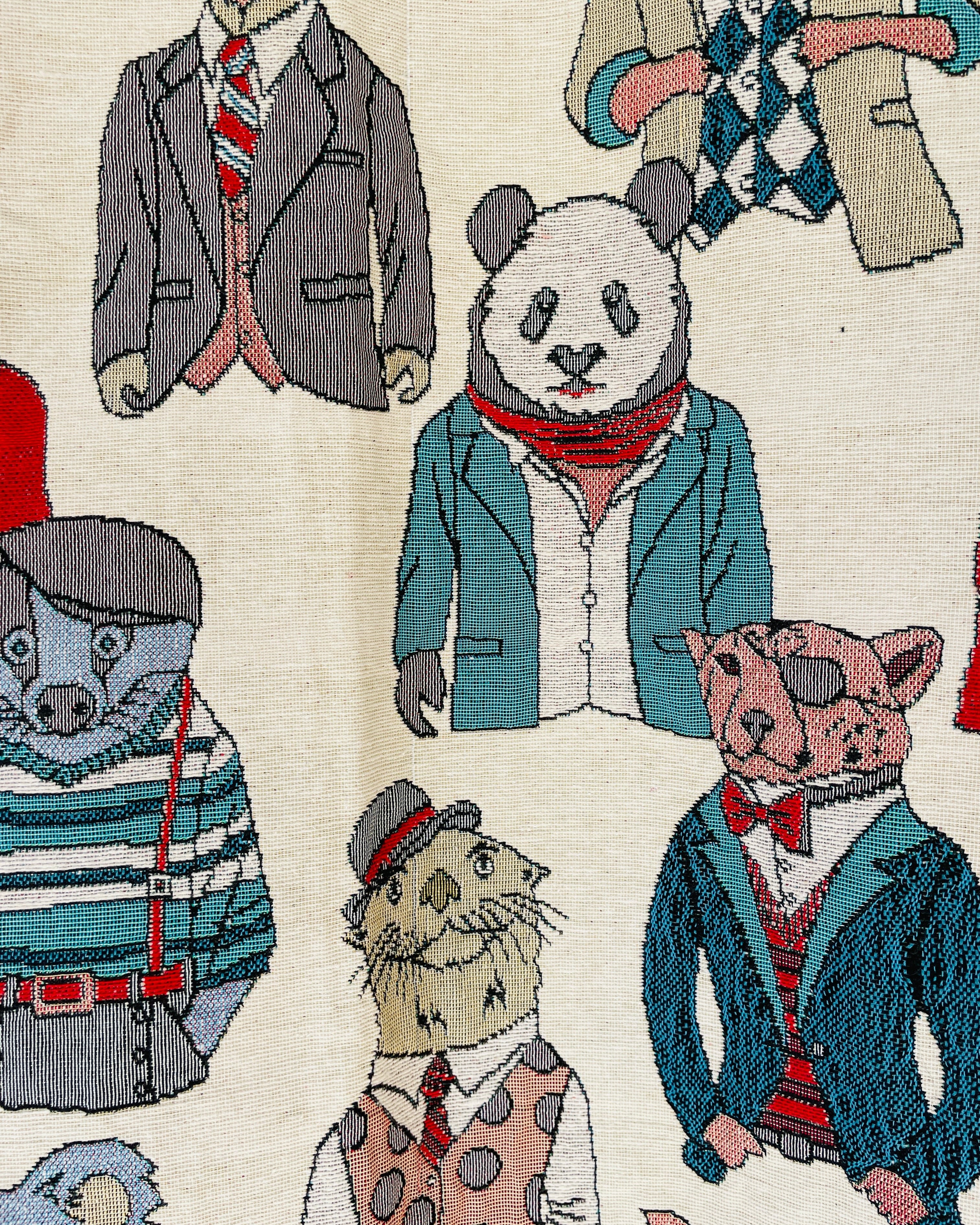 Illustrations of animals in various outfits on a textured background