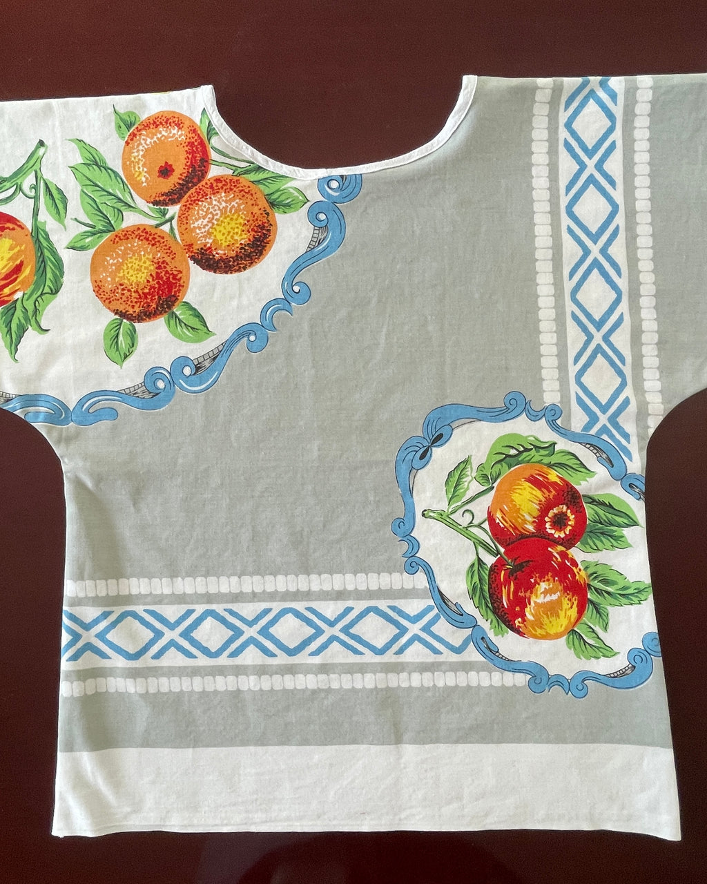 Upcycled Tablecloth Boxy Top | Asymmetric fruit pattern | Sustainable