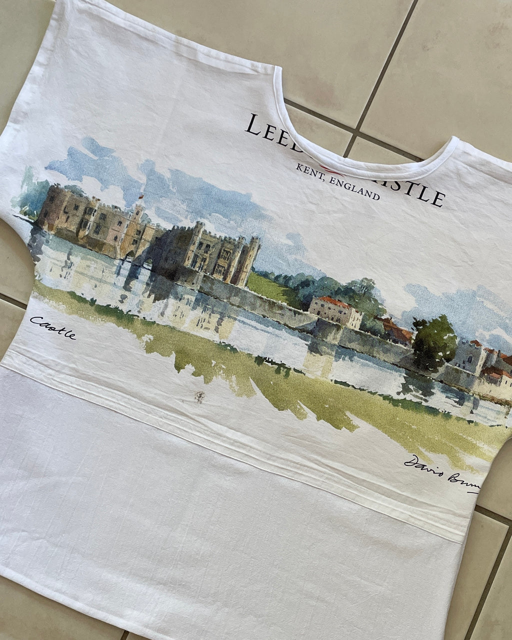 White tank top with a graphic of Leeds Castle in Kent, England.