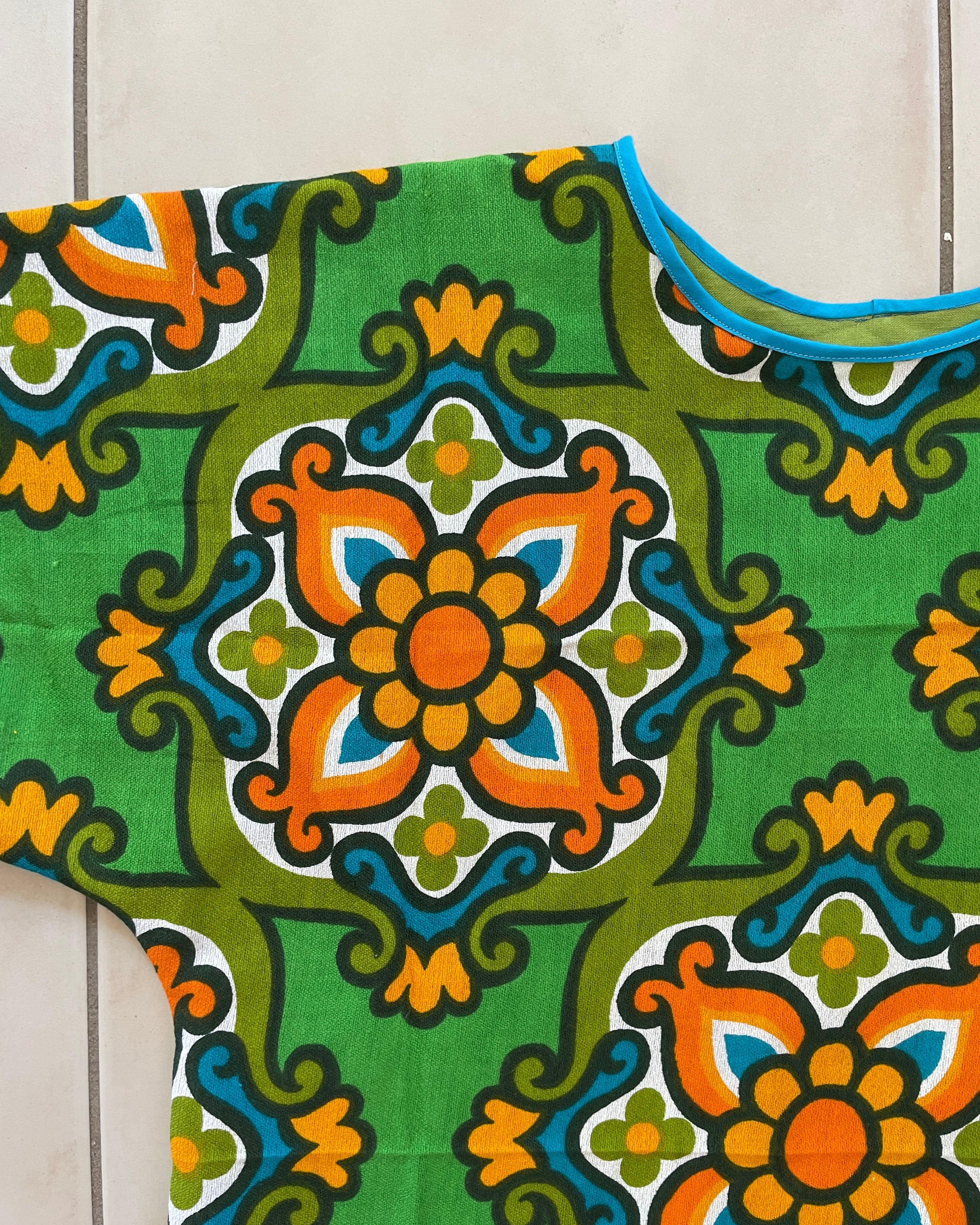 Upcycled Tea-towel T-shirt | Mosaic flowers | Sustainable fashion