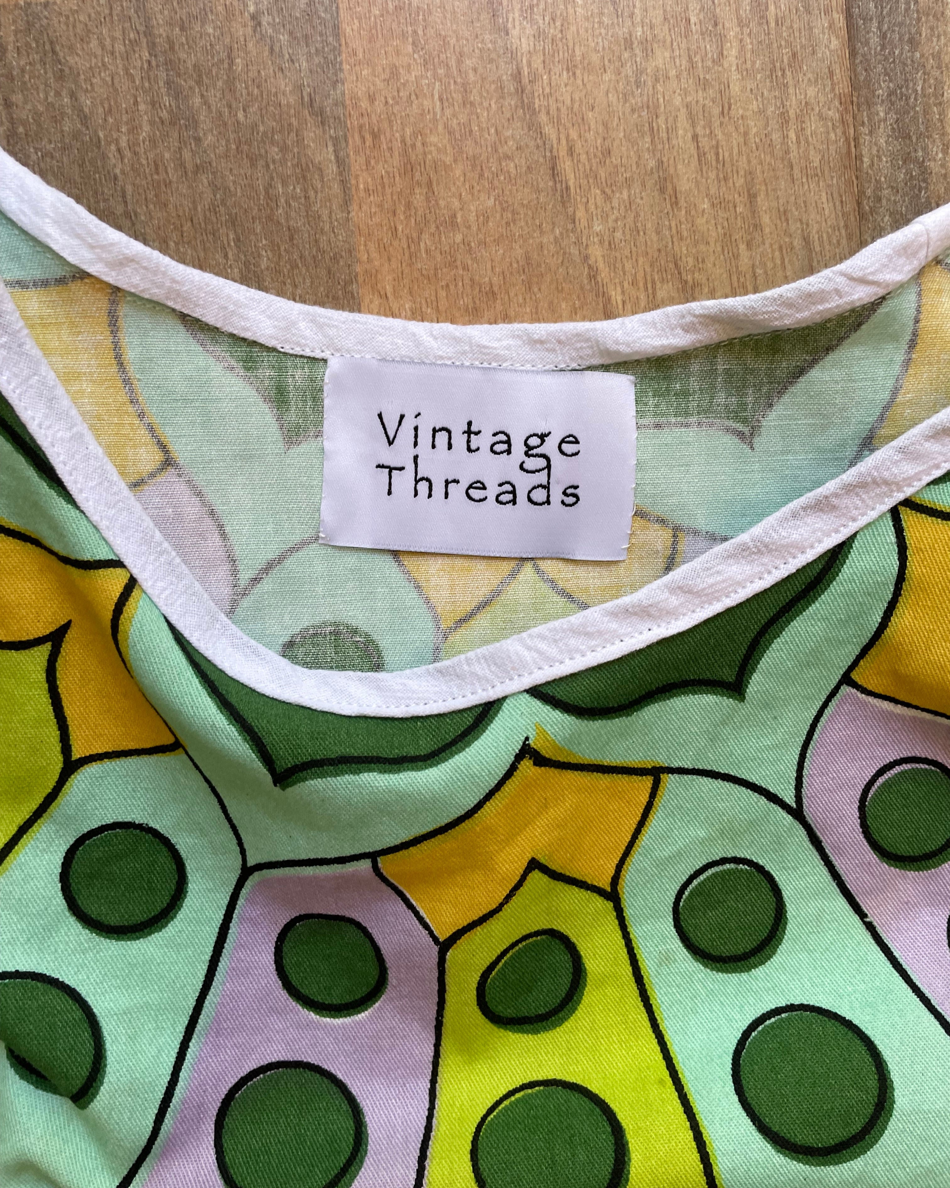 Upcycled Tablecloth Boxy Top | Geometric green pattern | Sustainable